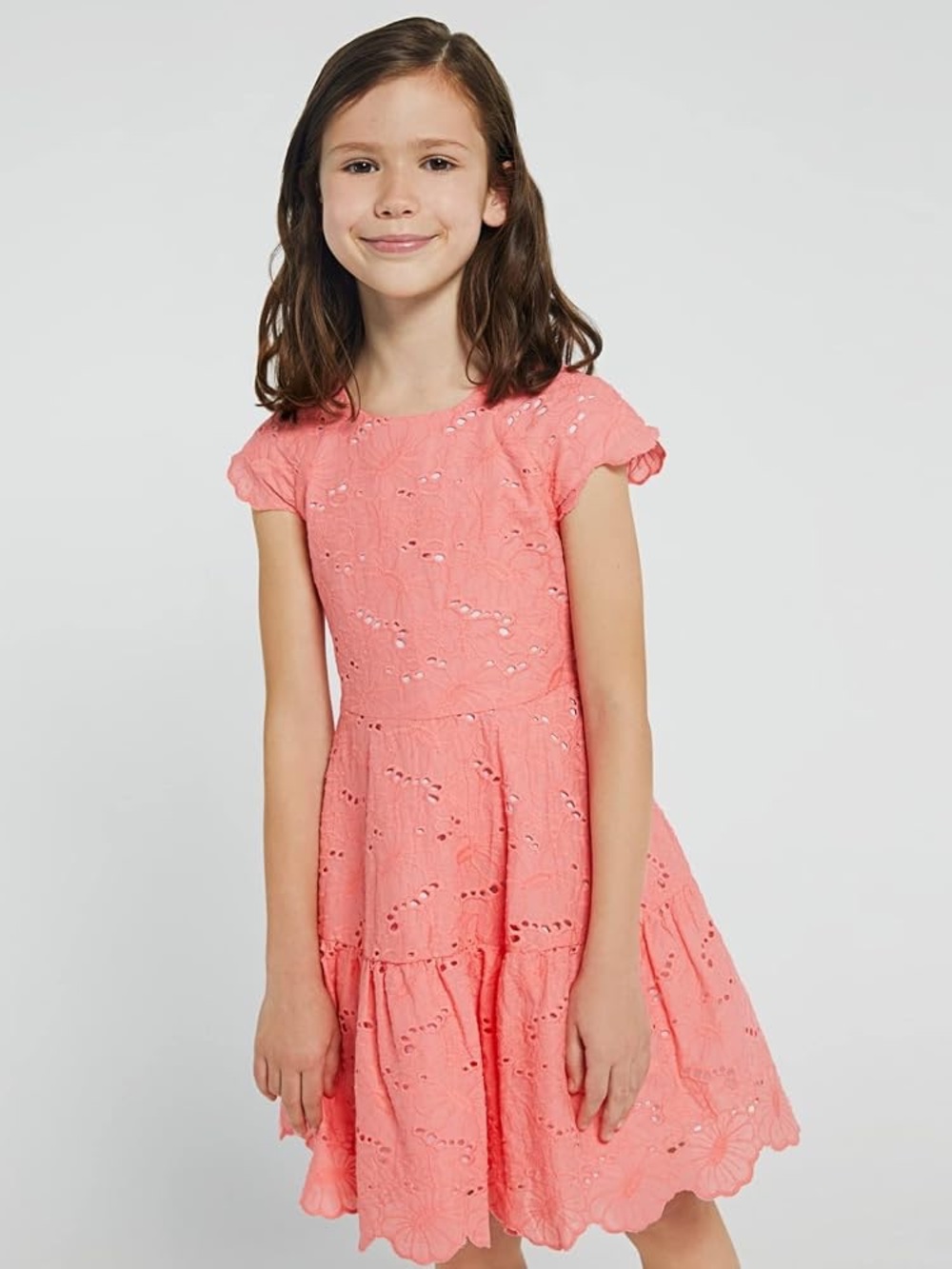 Mayoral Girls Coral Pink Cotton Eyelet Dress – Floral Embroidery – Size 14